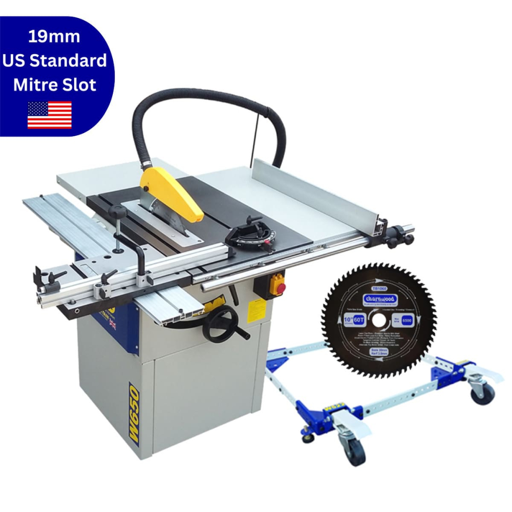 (image for) Charnwood W650P Professional Table Saw with Wheel Kit and Low Noise Blade (Package Deal)